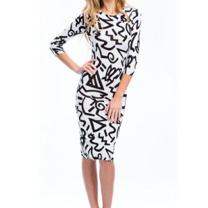3/4 Sleeve Round Collar Abstract Print Ankle-Length Sexy Dress For Women